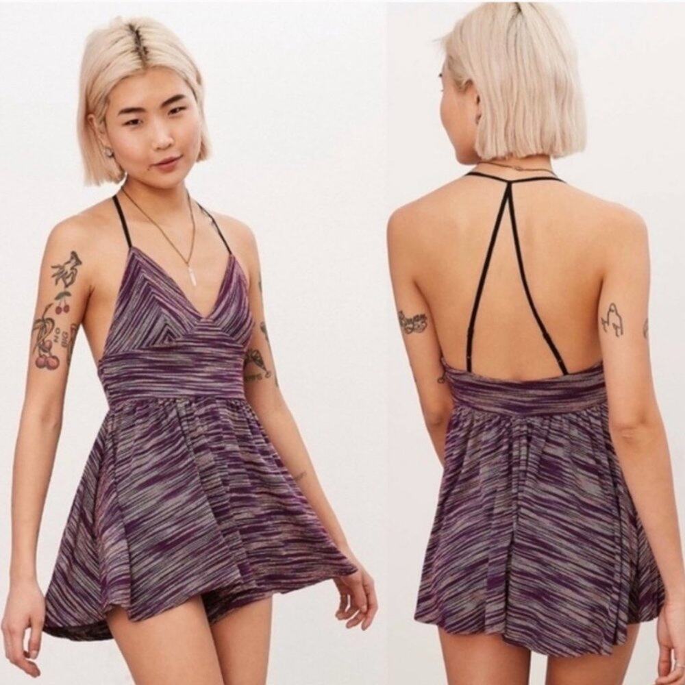 UO Ecote Purple Striped Knit Romper Small Shorts